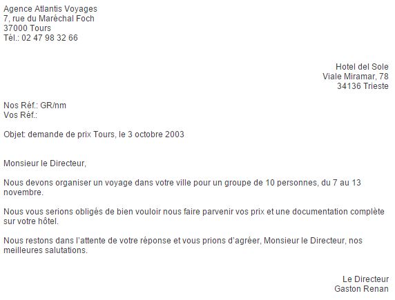 esempio lettera commerciale francese